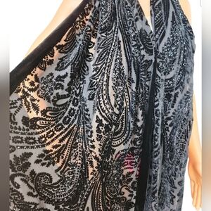 Mary Kay Black Velvet Burnout Paisley Beaded Fringe Shawl Wrap Silk Blend 80x20"